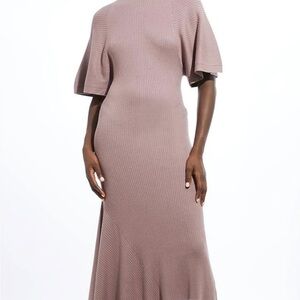 Karen Millen Vicose Blend Angel Sleeve Rib Knitted Midi Dress